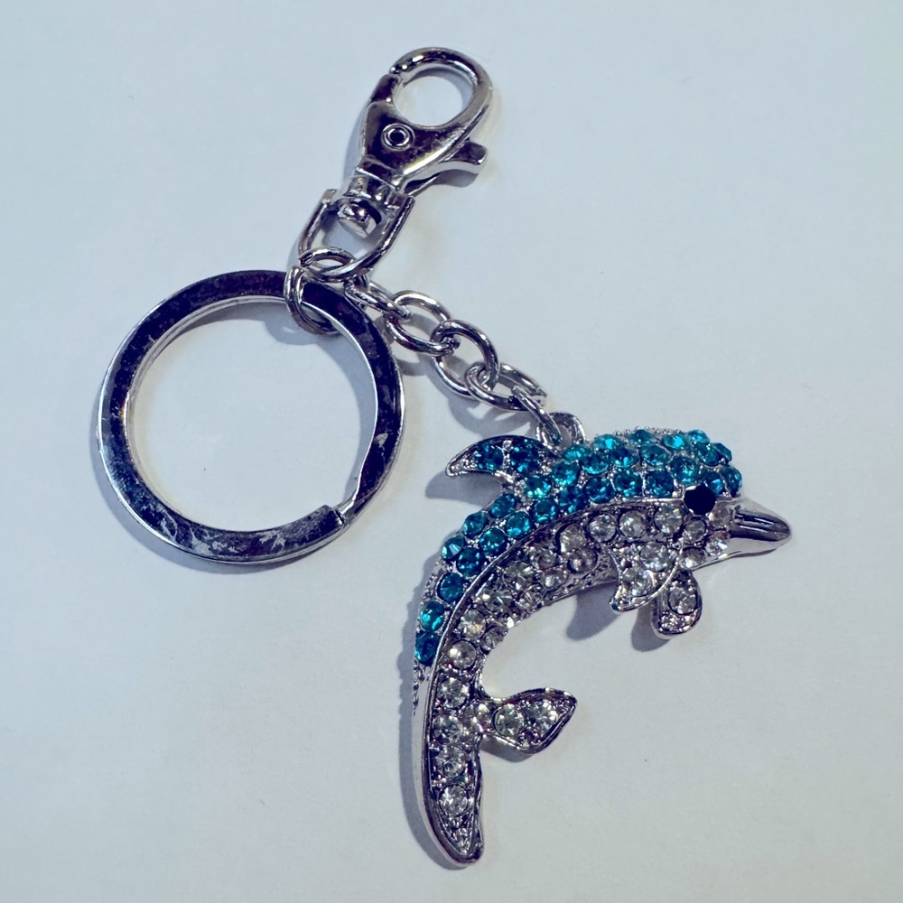 Blue & Silver rhinestone dolphin keychain charm